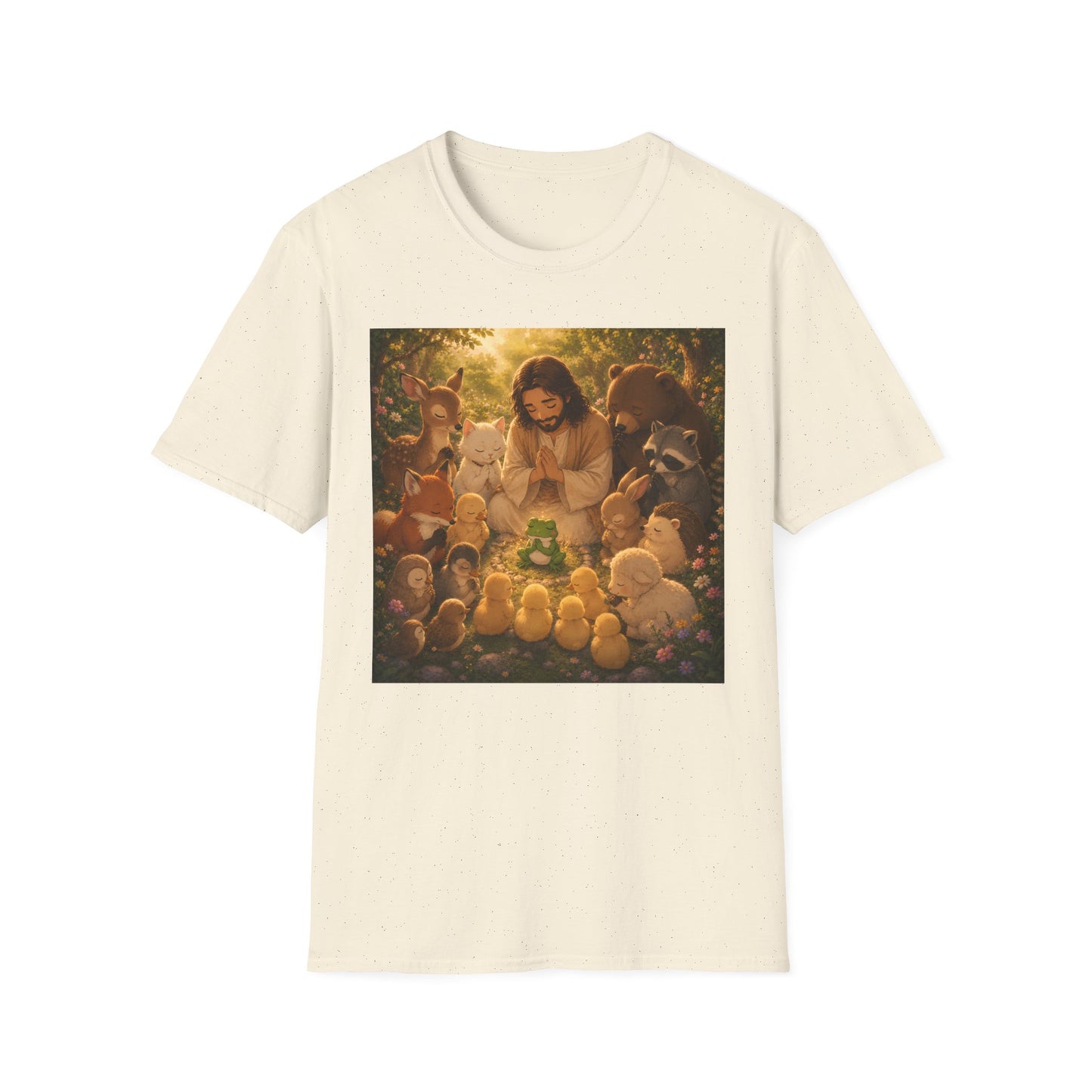 Christian Faith T-Shirt — Jesus with Animals Woodland Prayer Illustration