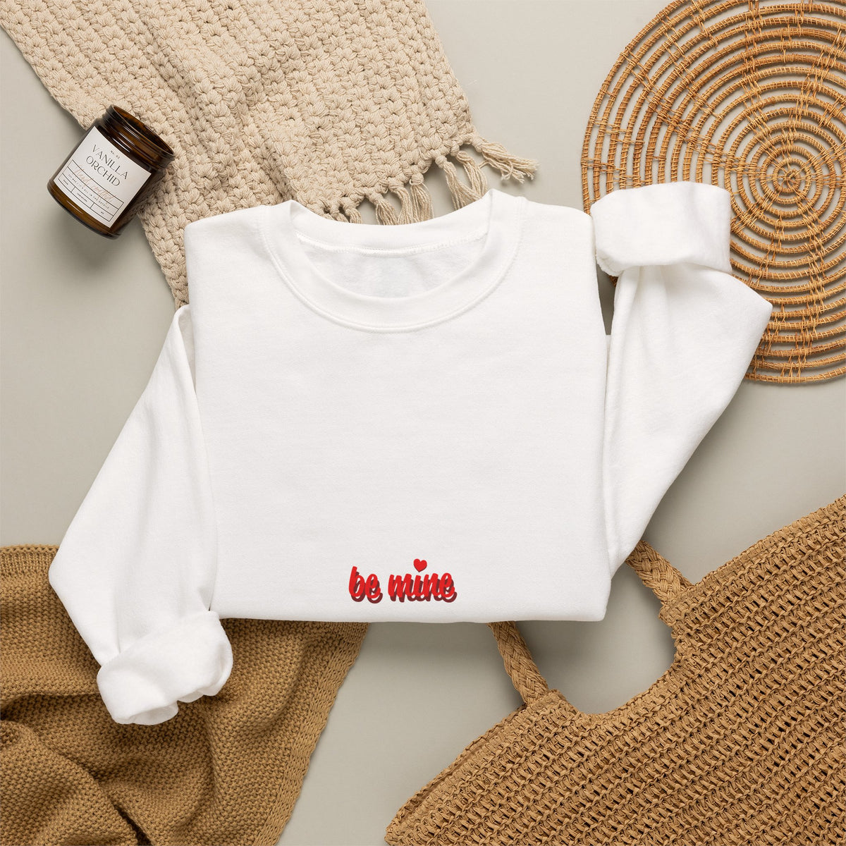 Crewneck Sweatshirt — "Be Mine" Small Valentine Heart Graphic