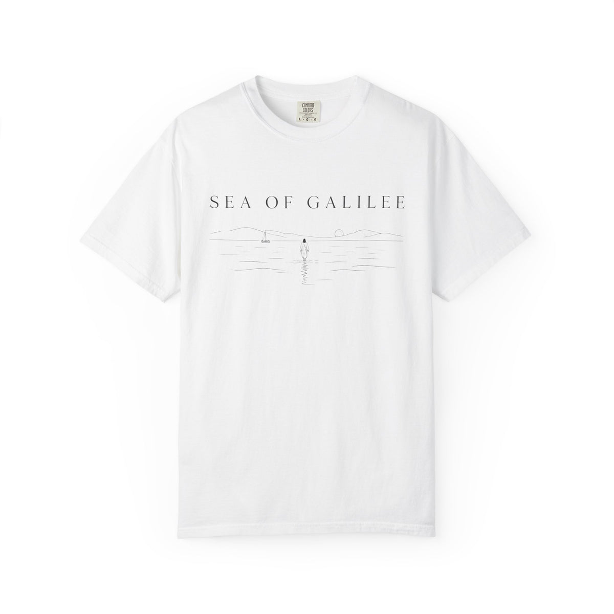 Sea of Galilee Minimalist Tee — White Christian Faith Graphic T-Shirt