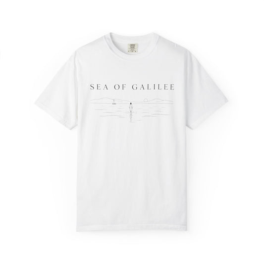 Sea of Galilee Minimalist Tee — White Christian Faith Graphic T-Shirt