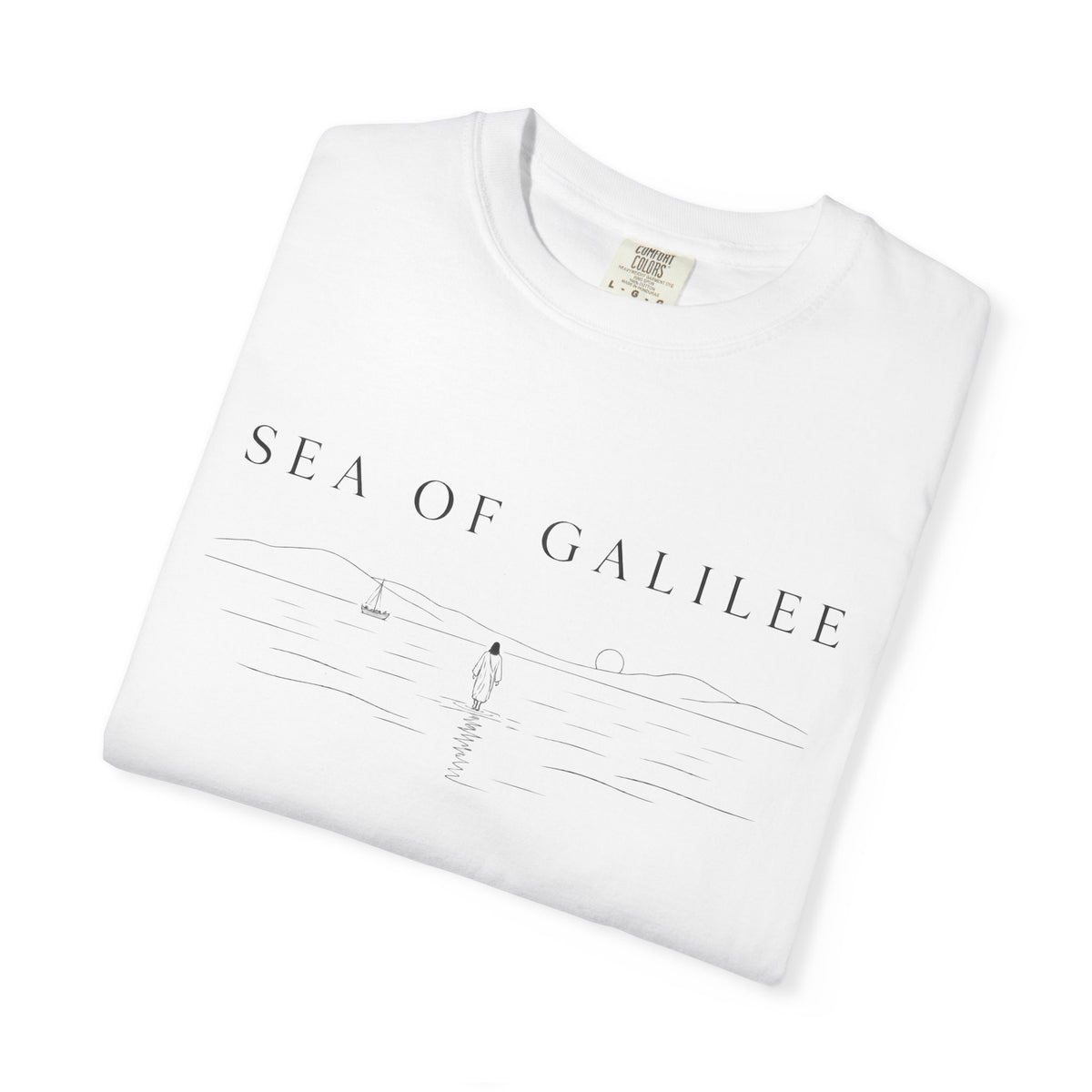 Sea of Galilee Minimalist Tee — White Christian Faith Graphic T-Shirt