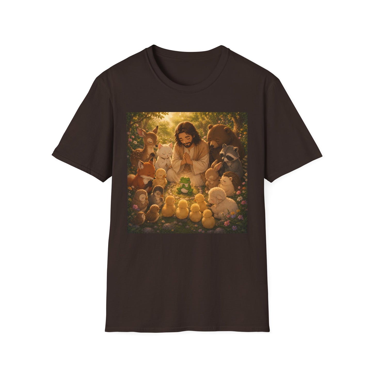 Christian Faith T-Shirt — Jesus with Animals Woodland Prayer Illustration