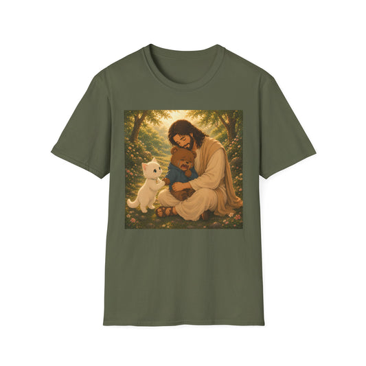 Jesus Embracing Animals T-Shirt — Heartwarming Christian Pet Lover Tee