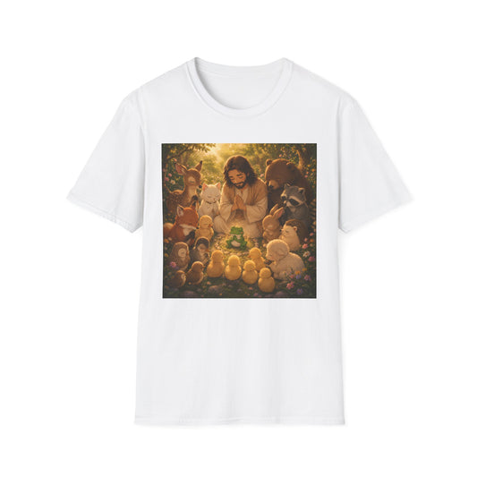 Christian Faith T-Shirt — Jesus with Animals Woodland Prayer Illustration