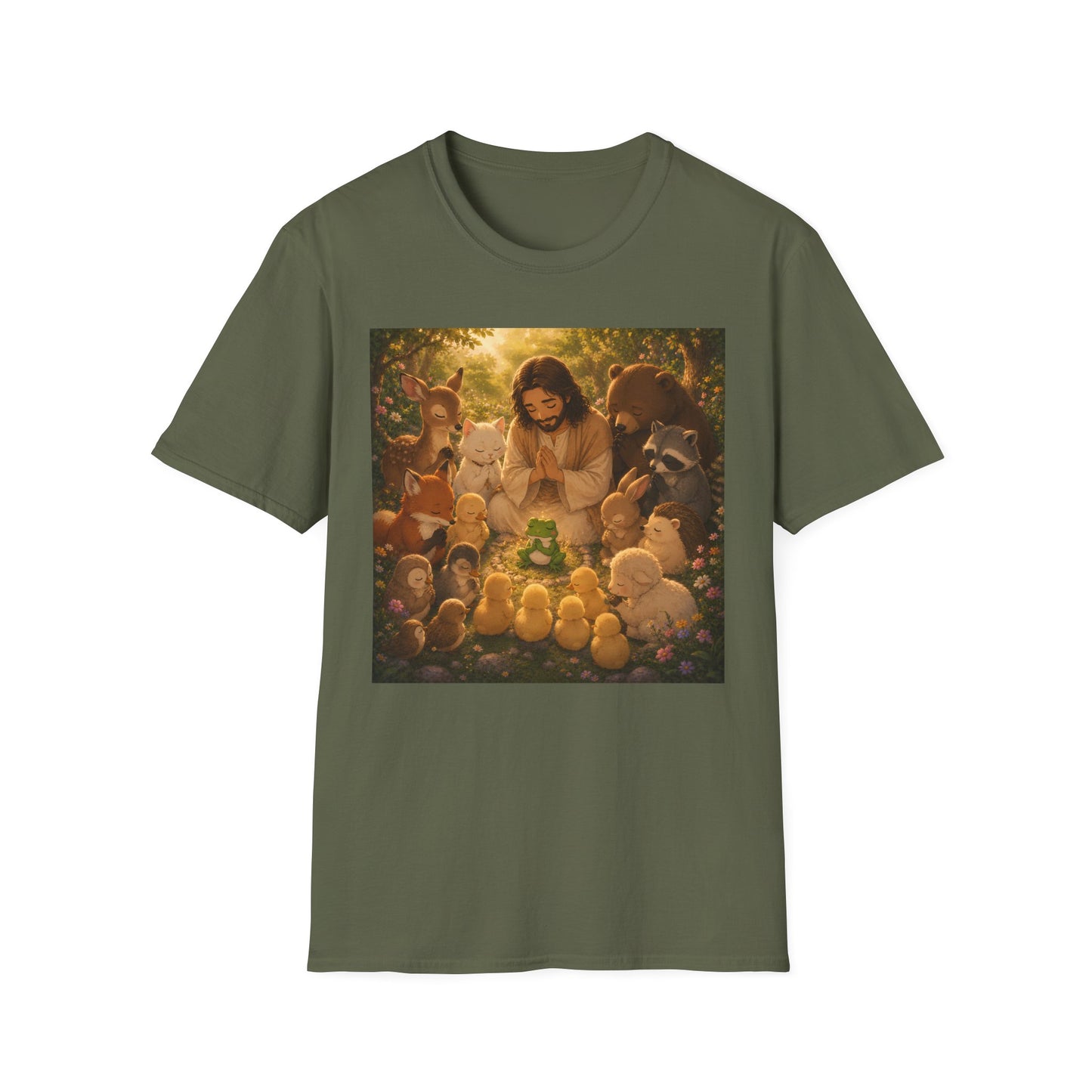 Christian Faith T-Shirt — Jesus with Animals Woodland Prayer Illustration
